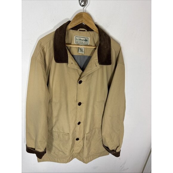 Vintage 90s L.L. Bean Barn Chore Coat XXL Tan Cotton Canvas Corduroy Collar - Picture 1 of 7